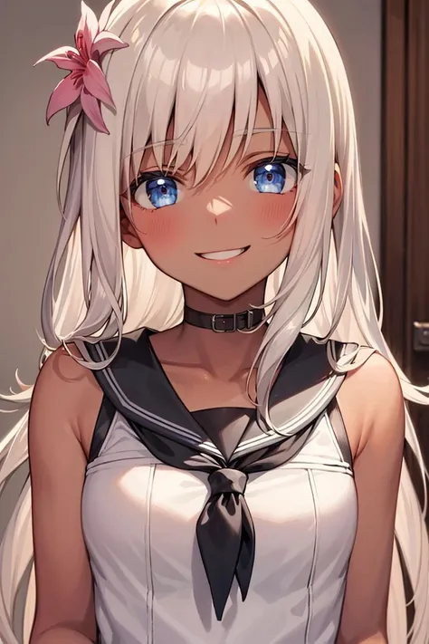 ((masterpiece,best quality)), absurdres,
solo, 1girl, upper body, looking at viewer, smile, <lora:ro500_v2-000018:1>, ro500, long hair, hair flower, tan, serafuku, dark skin,