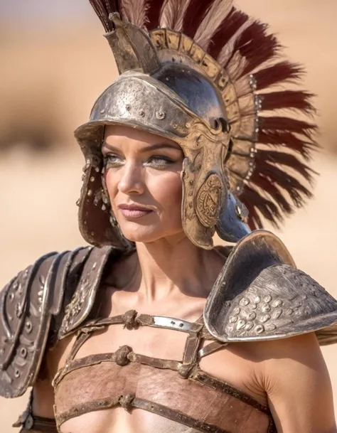 Haute Couture Fashion portrait gladiator at a fashion show in the desert,gladiator_style,exterm detailed, detailed background,, Haute Couture Fashion, often for custom-fitted clothing, luxurious materials, or high-end design.