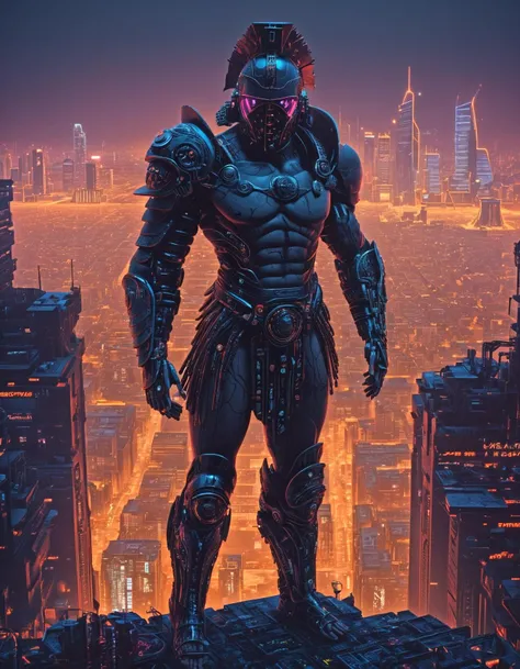 biomechanical cyberpunk he gladiator at a cyberpunk city, neon lights, skyline,gladiator_style,exterm detailed, detailed background, . cybernetics, human-machine fusion, dystopian, organic meets artificial, dark, intricate, highly detailed