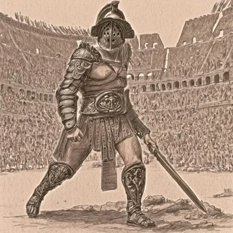 gladiator in a colosseum, rome, victrory,gladiator_style, illustration, high detail, sketch, colured pencil,