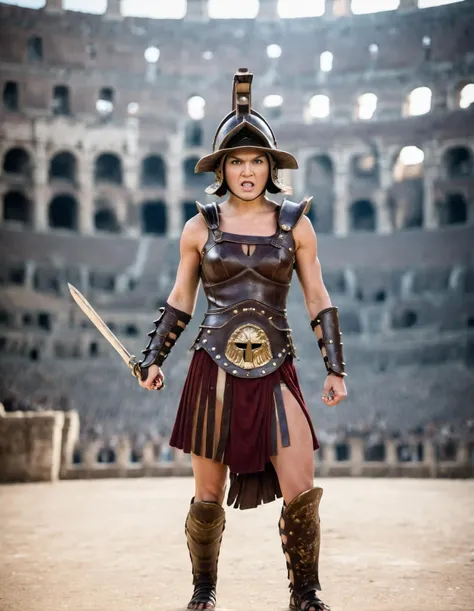 <lora:Gladiator_Style_SDXL:1>,Haute Couture Fashion portrait,female gladiator at a fashion show in the ancient colosseum,gladiator_style,extrem detailed,detailed background,Haute Couture Fashion,often for custom-fitted clothing,luxurious materials,or high-end design,<lora:angry:1>,angry,shouting,dark_persona,fighting_stance,aiming_at_viewer,unsheathing,