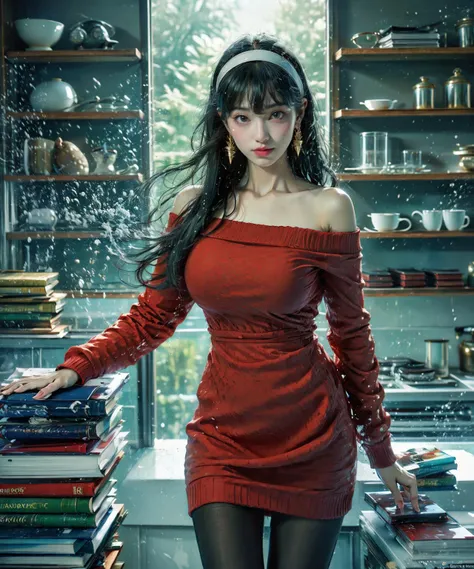 yor briar,1girl,bangs,black pantyhose,book,bookshelf,breasts,cleavage,coffee,coffee mug,cup,earrings,gold earrings,gold hairband,hairband,jewelry,long hair,long sleeves,looking at viewer,medium breasts,mug,off-shoulder sweater,off shoulder,out of frame,pantyhose,plant,red eyes,red sweater,smile,solo,sweater,white hairband,window,water,splashing,
Best quality,masterpiece,ultra high res,haifeisi,<lora:yorBriarSpyFamily_lykonV1:0.8>,<lora:æµ·é£ä¸v4.1:0.7>,