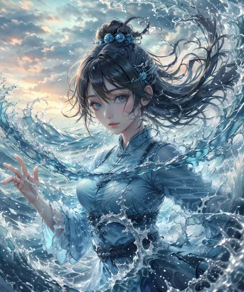 a sense of depth,concert,Water Splash Festival,Wet clothes,Blowing in the wind,See-through clothes,wave her hand,Idol,Sing a song,Sweat splashes,swet,4K, (Raw photo: 1.2), (Realism: 1.4), (masutepiece: 1.3), (exquisite detailing: 1.2), Delicate and beautiful details, (Eye Detail), (Facial Detailed), (Highest Quality:1.4), (very detailed illustration), Best Quality, Super Resolution,Wide light, natural shadows