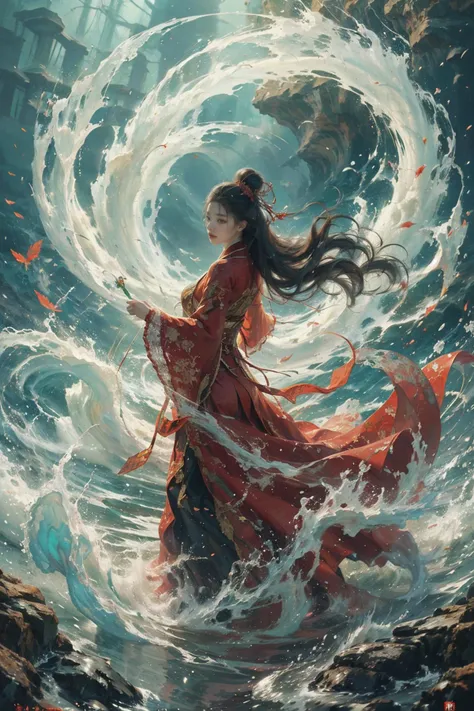haifeisiv6,painting of a woman in a red dress standing in the water,feng zhu concept art,soaring waves,mtg style,((waves)),((su fu)),((finely detailed illustration)),((blossoming rhythm)),((kanliu666)),((concept art. 8 k)),((in a sea)),((whirling)),((lu ji)),((wave)),((hiroya oku painterly)),((feng shu)),((drifting)),
Best quality,masterpiece,ultra high res,<lora:20240118-1705551743354-0015:0.65>, exquisite detail, extremely fine, vibrant colors, precise color