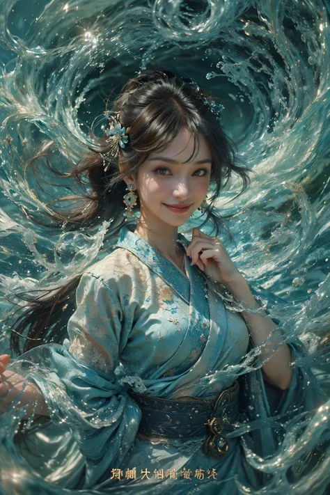 1girl,solo,earrings,jewelry,hair ornament,sash,water,upper body,looking at viewer,chinese clothes,black hair,hand up,red lips,long sleeves,brown hair,japanese clothes,parted lips,wide sleeves,kimono,
Best quality,masterpiece,ultra high res,<lora:GoodHands-beta2:1>,<lora:MIAOKA_younideshijie_1.0:0.5>,<lora:æµ·é£ä¸v4.1:0.65>,(frown:1.3),(evil smile:1.5), witty warm colors