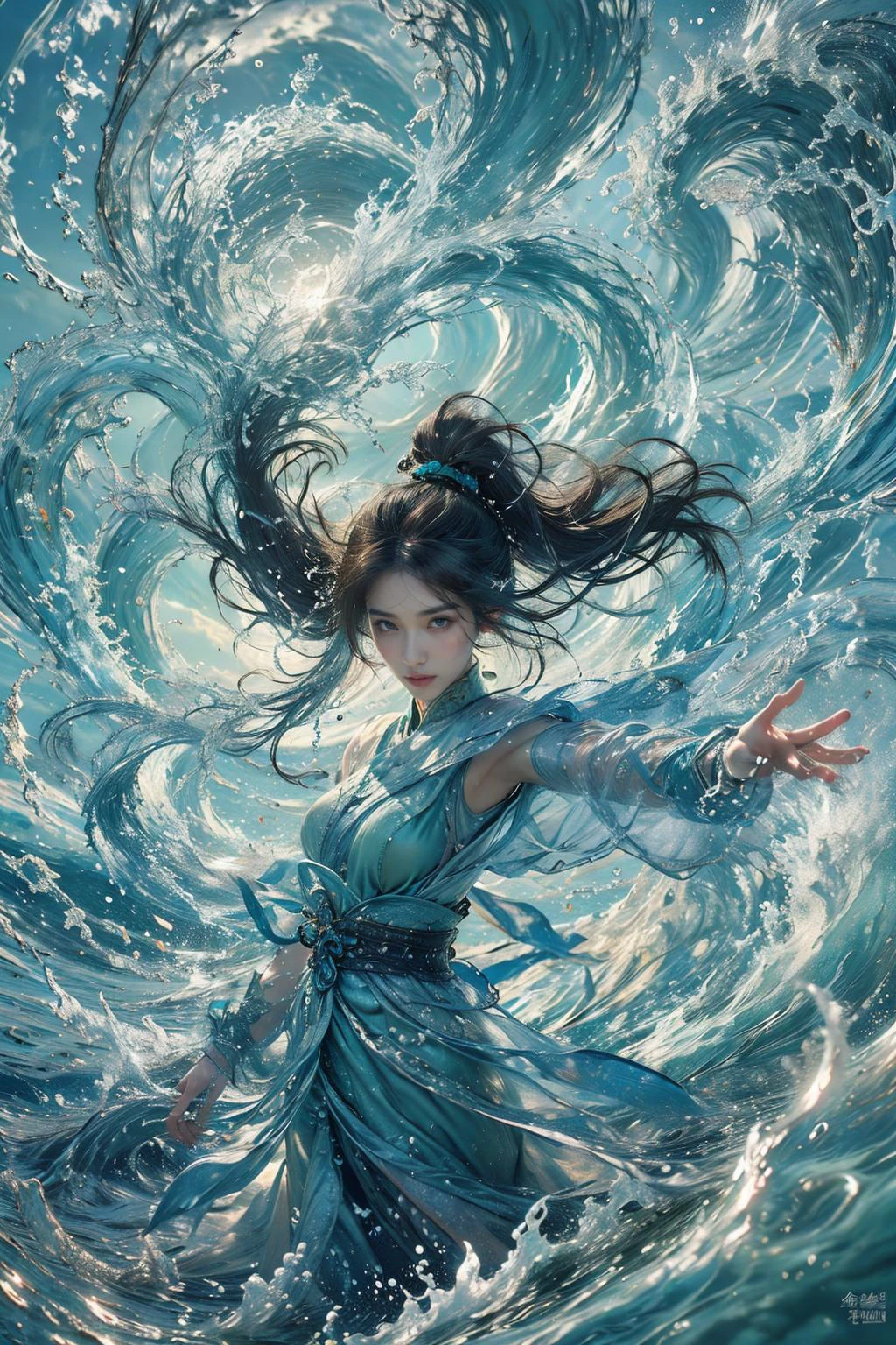 1girl, waves, water, solo, ponytail, black hair, long hair, jewelry, dress, chinese clothes, looking at viewer, splashing, sky, cloud, sash, ocean, hair ornament, outdoors, outstretched arm, outstretched hand,
Best quality,masterpiece,ultra high res,<lora:GoodHands-beta2:1>,<lora:MIAOKA_younideshijie_1.0:0.5>,<lora:æµ·é£ä¸v4.1:0.65>, excellent detail, lush composition, cinematic atmosphere, dynamic dramatic ambient light, detailed, intricate, beautiful, rich deep colors, theatrical, stunning