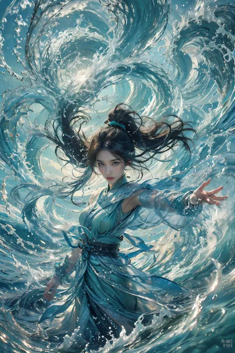 1girl, waves, water, solo, ponytail, black hair, long hair, jewelry, dress, chinese clothes, looking at viewer, splashing, sky, cloud, sash, ocean, hair ornament, outdoors, outstretched arm, outstretched hand,
Best quality,masterpiece,ultra high res,<lora:GoodHands-beta2:1>,<lora:MIAOKA_younideshijie_1.0:0.5>,<lora:æµ·é£ä¸v4.1:0.65>, excellent detail, lush composition, cinematic atmosphere, dynamic dramatic ambient light, detailed, intricate, beautiful, rich deep colors, theatrical, stunning