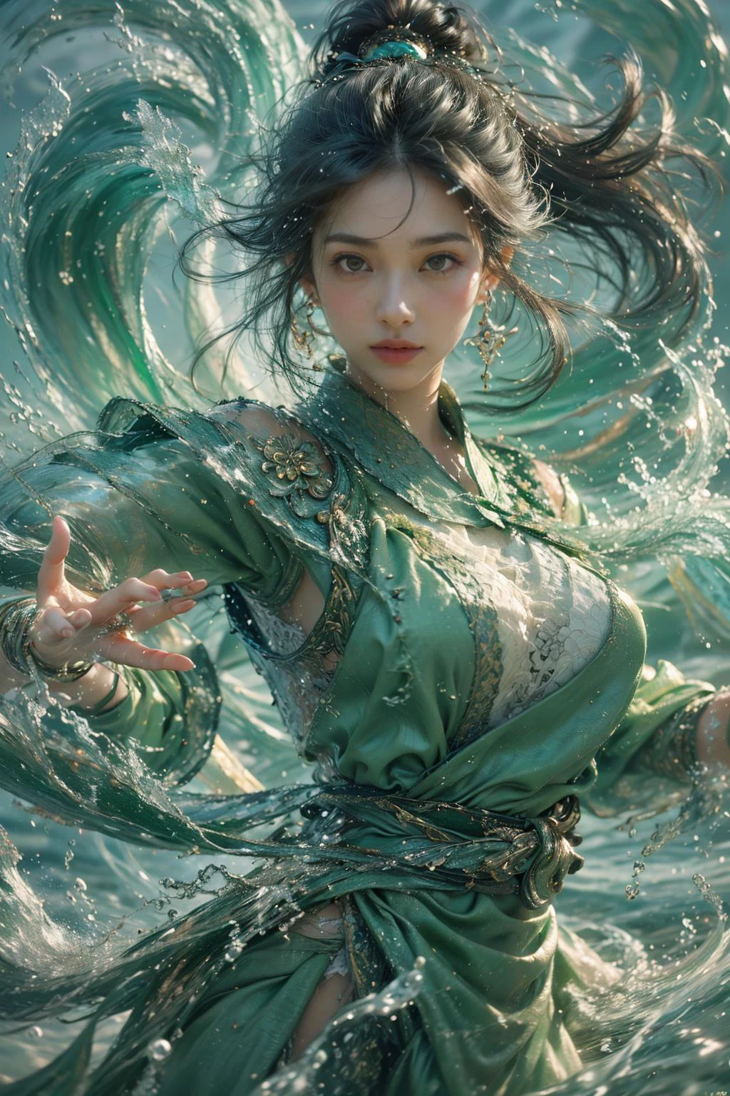1girl, jewelry, earrings, solo, water, hair ornament, ponytail, green dress, black hair, chinese clothes, looking at viewer, splashing, sash, dress, long hair, upper body, waves, blurry background,
Best quality,masterpiece,ultra high res,<lora:GoodHands-beta2:1>,<lora:MIAOKA_younideshijie_1.0:0.5>,<lora:æµ·é£ä¸v4.1:0.65>, excellent detail, stunning, gorgeous, cinematic, dramatic ambient light, dynamic, detailed, intricate, elegant, luxurious, epic composition, thought, luxury, full