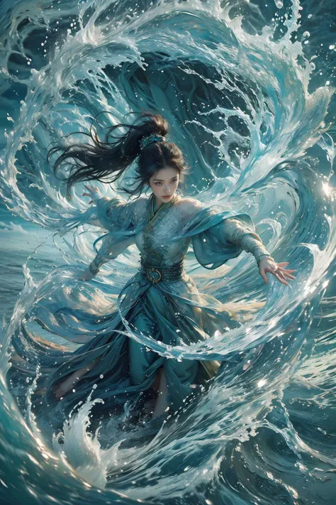 waves,long hair,1girl,water,ponytail,outstretched arms,black hair,chinese clothes,jewelry,long sleeves,sash,hair ornament,floating hair,ocean,splashing,standing,hair pulled back,
Best quality,masterpiece,ultra high res,<lora:GoodHands-beta2:1>,<lora:MIAOKA_younideshijie_1.0:0.5>,<lora:æµ·é£ä¸v4.1:0.65>, exquisite detail, extremely detailed, cinematic, stunning composition, modern fine classic contemporary, intricate, elegant, luxury, amazing colors, epic light