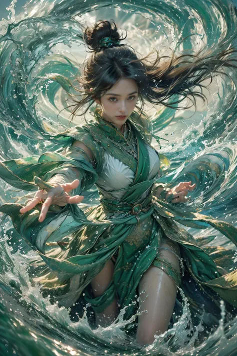 1girl, long hair, water, solo, jewelry, waves, green dress, black hair, hair ornament, dress, weapon, sash, outstretched hand, earrings, splashing, ring, ponytail, closed mouth, outstretched arm, bare legs, forehead mark,
Best quality,masterpiece,ultra high res,<lora:GoodHands-beta2:1>,<lora:MIAOKA_younideshijie_1.0:0.5>,<lora:æµ·é£ä¸v4.1:0.65>, marvelous color, precise composition, exquisite detail, impressive, creative, cinematic, extremely detailed, complimentary colors, amazing, glowing