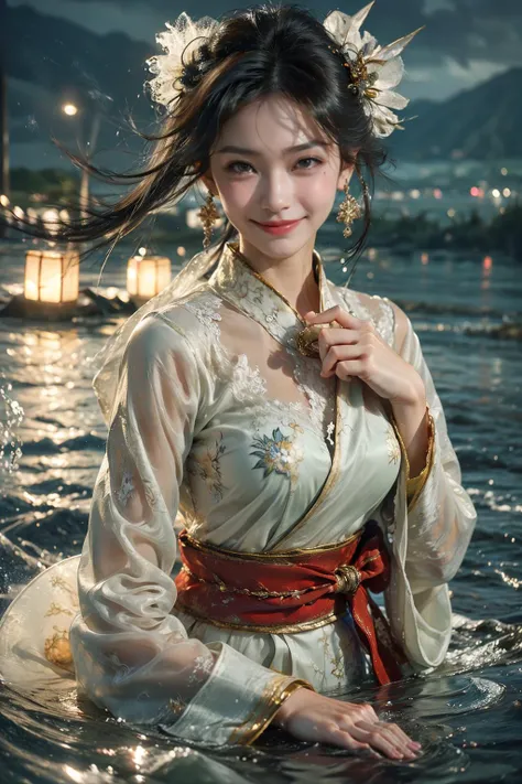 1girl,solo,earrings,jewelry,hair ornament,sash,water,upper body,looking at viewer,chinese clothes,black hair,hand up,red lips,long sleeves,brown hair,japanese clothes,parted lips,wide sleeves,kimono,
Best quality,masterpiece,ultra high res,<lora:GoodHands-beta2:1>,<lora:MIAOKA_younideshijie_1.0:0.5>,<lora:æµ·é£ä¸v4.1:0.65>,(frown:1.3),(evil smile:1.5),witty warm colors,