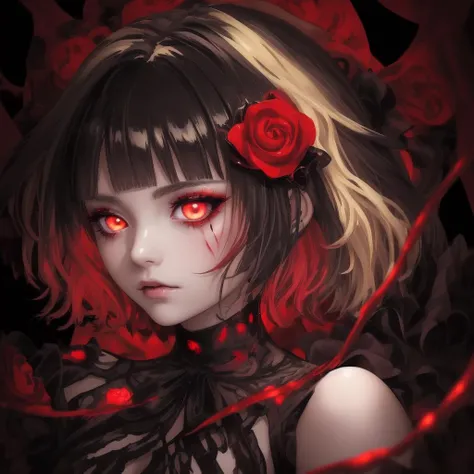 <lora:LoraEyes:0.7>cat eyes, black red clothes, red glowing blood dripped roses, glowing flower feathers in her hair and eyes, glowing hearts circling her and a man, close up of upper body!!!!!, short hair, glistening makeup eyeliner eyes, wearing magical princess clothes, glowing blonde hair, glowing rainbow hair, roses pinned around her, slutty, gems, detailed portrait, anime girl wrapped in vines, glowing clothes, dripped out, random colors, detailed portrait, close up, close up of upper body!!! Space background with melting liquid, close up of face, detailed eyes