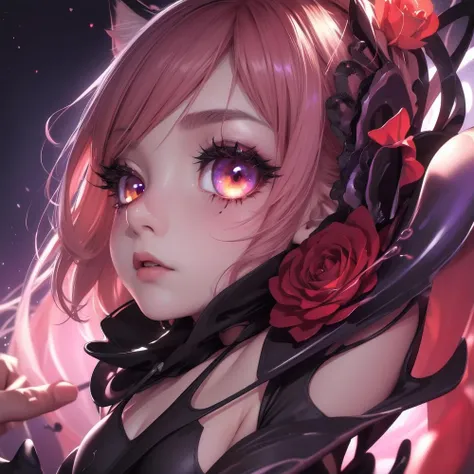 cat eye pupils iris of her eye, black red clothes, red glowing blood dripped roses, glowing flower feathers in her hair and eyes, glowing hearts circling her and a man, close up of upper body!!!!!, short hair, glistening makeup eyeliner eyes, wearing magical princess clothes, glowing blonde hair, glowing rainbow hair, roses pinned around her, slutty, gems, detailed portrait, anime girl wrapped in vines, glowing clothes, dripped out, random colors, detailed portrait, close up, close up of upper body!!! Space background with melting liquid, close up of face, detailed eyes