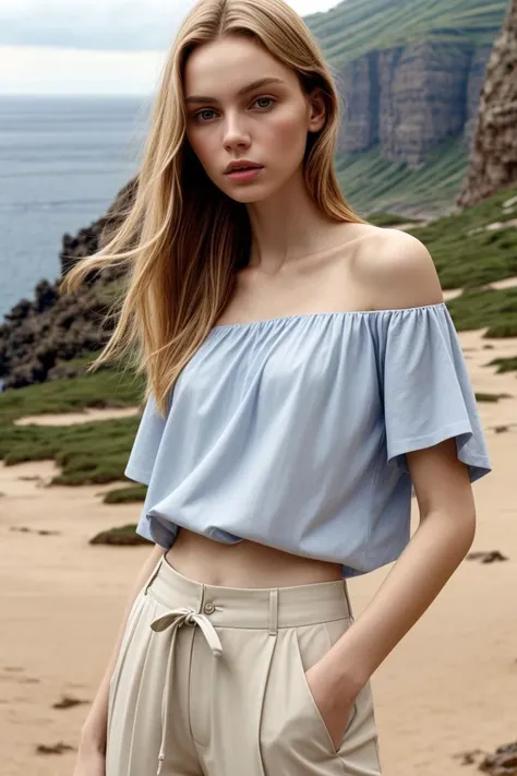<lora:kawaii7.1.3_obj20:0.75:0.25>, European woman, closeup, sandals, (shirt), pants, (na pali coast), ZM_lynn, wide shoulders, perfect face, (contact iris: 1.1), pale skin, skin pores , depth of field