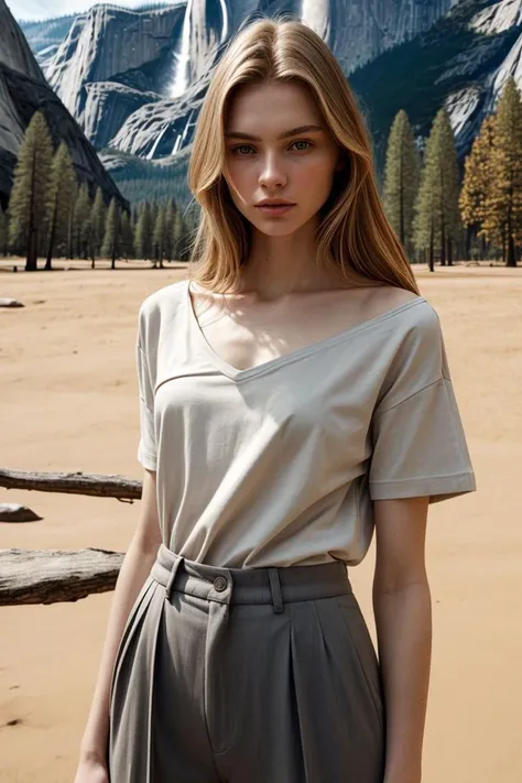 <lora:kawaii7.1.3_obj20:0.75:0.25>, European woman, closeup, sandals, (shirt), pants, (yosemite), ZM_lynn, wide shoulders, perfect face, (contact iris: 1.1), pale skin, skin pores , depth of field