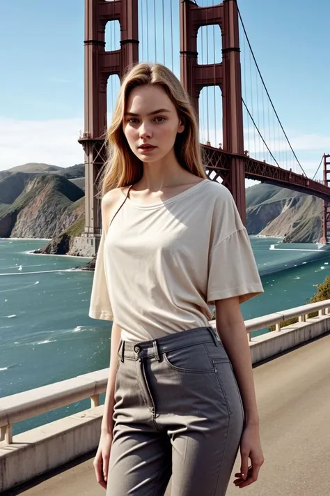 <lora:kawaii7.1.3_obj20:0.75:0.25>, European woman, closeup, sandals, (shirt), pants, (golden gate bridge), ZM_lynn, wide shoulders, perfect face, (contact iris: 1.1), pale skin, skin pores , depth of field