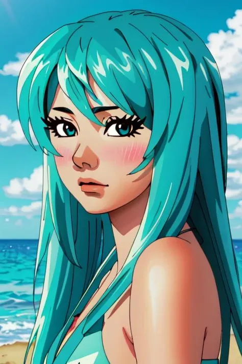 1girl, (masterpiece:1.3), (high resolution), (8K), (extremely detailed), (4k), (pixiv), perfect face, nice eyes and face, (best quality), (super detailed), detailed face and eyes, (solo), textured skin, wzrokudostyle, (hatsune miku:1.2), bikini, blue sky, beach, sand, rock, blush,
<lora:rokudo_styleV1:1>