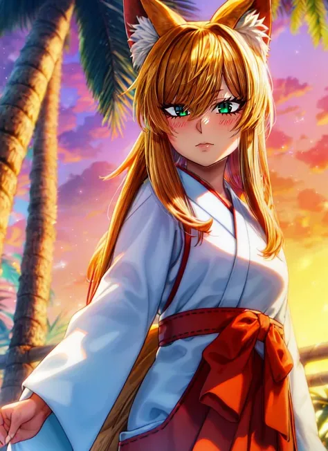 ((best quality)), ((highly detailed)), masterpiece, absurdres, (detailed eyes, deep eyes), (1girl), (glasses), from the front, cowboy shot, <lora:hairdetailer:1>, fox girl, fox ears, fox tail, green eyes, <lora:slit-pupils:1>, snake eyes, (Metallic orange) hair, <lora:MikoFashionV2:1>, miko, long sleeves, (at a tropical island, palm trees, morning, sunrise), <lora:rokudo_style:1>, wzrokudostyle