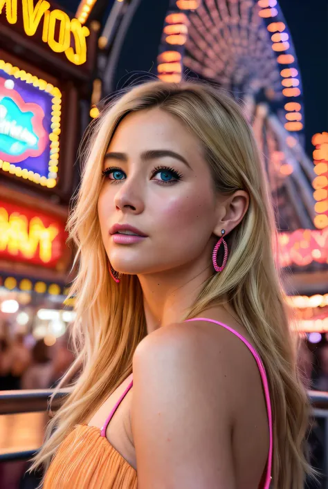 ((Selfie:1.1)), (raw:1.1) photo of (blonde Meli554R0xburgh01:0.99), a woman as a model, modelshoot style, (extremely detailed CG unity 8k wallpaper), photo of the most beautiful artwork in the world, professional majestic oil painting by Ed Blinkey, Atey Ghailan, Studio Ghibli, by Jeremy Mann, Greg Manchess, Antonio Moro, trending on ArtStation, trending on CGSociety, Intricate, High Detail, Sharp focus, dramatic, photorealistic painting art by midjourney and greg rutkowski, (at night:1.2), (dimly lit), (neon lights:1.2), (carnival:1.1), (makeup:1.1), ((ferris wheel in background)), ((summer dress:1.2)), (looking at viewer:1.3), (detailed pupils:1.3), (modern outfit:1.2), (closeup), (earrings), <lora:LowRa_2:0.3>