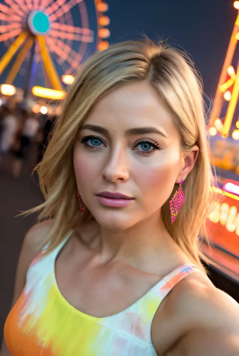 ((Selfie:1.1)), (raw:1.1) photo of (mature blonde Meli554R0xburgh01:0.99), a woman as a model, modelshoot style, (extremely detailed CG unity 8k wallpaper), photo of the most beautiful artwork in the world, professional majestic oil painting by Ed Blinkey, Atey Ghailan, Studio Ghibli, by Jeremy Mann, Greg Manchess, Antonio Moro, trending on ArtStation, trending on CGSociety, Intricate, High Detail, Sharp focus, dramatic, photorealistic painting art by midjourney and greg rutkowski, (at night:1.2), (dimly lit), (neon lights:1.2), (carnival:1.1), (makeup:1.1), ((ferris wheel in background)), ((summer dress:1.2)), (looking at viewer:1.3), (detailed pupils:1.3), (modern outfit:1.2), (closeup), (earrings),  <lora:LowRa_2:0.3>