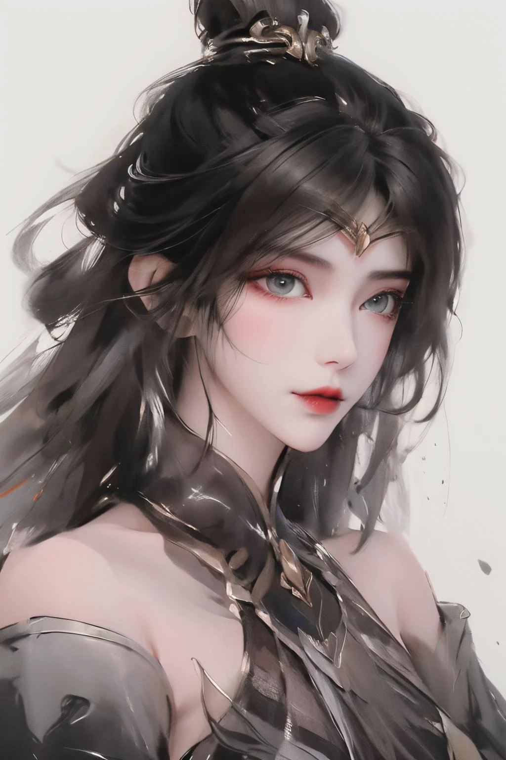 <lora:monv:1>,monv,1girl,solo,black hair,blue eyes,looking at viewer,highlights,lips,long hair,gold ornament,(white hair:1.2),(streaked hair:1.2),multicolored hair,circlet,closed mouth,eyelashes,portrait,realistic,makeup,blurry,hair ornament,frills,
(beautiful detailed eyes:1.2),black background,<lora:Freehand_Brushwork:0.6>,(detached sleeves:1.3),(inkblot:1.3),ink,waterpaint,white background,<lora:chinese-art:0.5>,chinese painting,chinese art,(bare shoulders:1.3),, best quality , masterpiece, illustration, an extremely delicate and beautiful, extremely detailed ,CG,unity,8k wallpaper, Amazing, finely detail, masterpiece, best quality,official art,extremely detailed CG unity 8k wallpaper,absurdres, incredibly absurdres, huge filesize , ultra-detailed, highres, extremely detailed,beautiful detailed girl, extremely detailed eyes and face, beautiful detailed eyes,light on face,