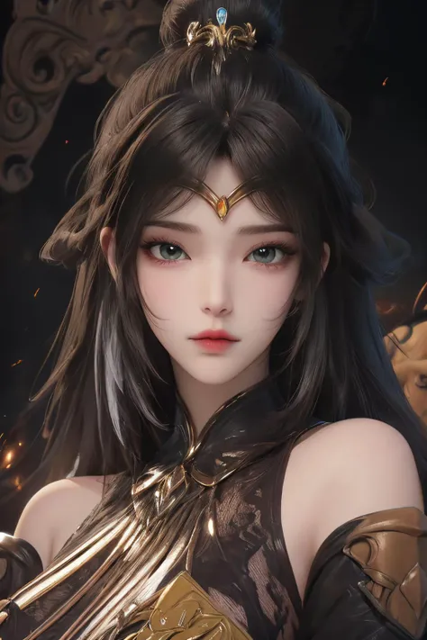 <lora:monv:1>,monv,1girl,solo,black hair,blue eyes,looking at viewer,highlights,lips,long hair,gold ornament,white hair,streaked hair,multicolored hair,circlet,closed mouth,eyelashes,portrait,realistic,makeup,blurry,hair ornament,frills,
(beautiful detailed eyes:1.2),black background,<lora:animeTarotCardArtStyleLora_v31:1>,, best quality , masterpiece, illustration, an extremely delicate and beautiful, extremely detailed ,CG,unity,8k wallpaper, Amazing, finely detail, masterpiece, best quality,official art,extremely detailed CG unity 8k wallpaper,absurdres, incredibly absurdres, huge filesize , ultra-detailed, highres, extremely detailed,beautiful detailed girl, extremely detailed eyes and face, beautiful detailed eyes,light on face,