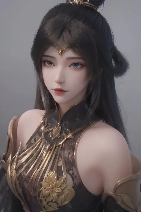 <lora:monv:1>,monv,1girl,solo,long hair,white background,brown hair,looking at viewer,bare shoulders,upper body,streaked hair,gold ornament,white hair,black silk lining,golden flower,hair accessory,dress,hair ornament,simple background,multicolored hair,breasts,realistic,detached sleeves,elbow gloves,frills,(from_above:1.1),black background,, best quality , masterpiece, illustration, an extremely delicate and beautiful, extremely detailed ,CG,unity,8k wallpaper, Amazing, finely detail, masterpiece, best quality,official art,extremely detailed CG unity 8k wallpaper,absurdres, incredibly absurdres, huge filesize , ultra-detailed, highres, extremely detailed,beautiful detailed girl, extremely detailed eyes and face, beautiful detailed eyes,light on face,