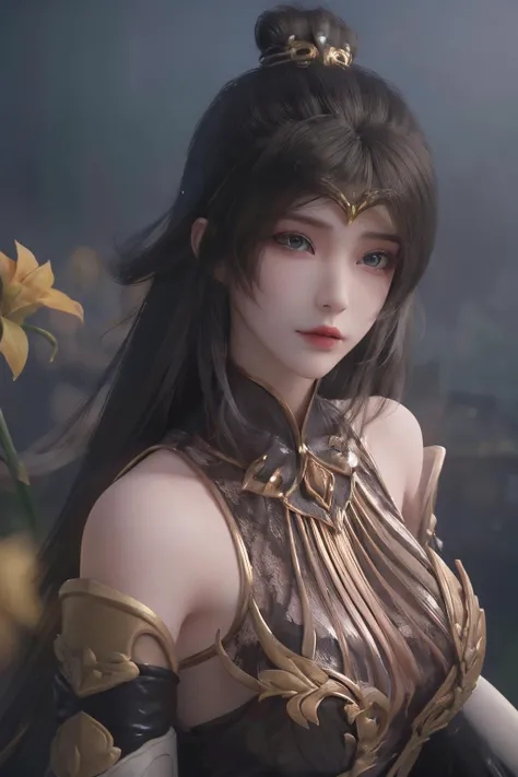 <lora:monv:1>,monv,1girl,solo,long hair,white background,brown hair,looking at viewer,bare shoulders,upper body,streaked hair,gold ornament,white hair,black silk lining,golden flower,hair accessory,dress,hair ornament,simple background,multicolored hair,breasts,realistic,detached sleeves,elbow gloves,frills,(from_above:1.1),, best quality , masterpiece, illustration, an extremely delicate and beautiful, extremely detailed ,CG,unity,8k wallpaper, Amazing, finely detail, masterpiece, best quality,official art,extremely detailed CG unity 8k wallpaper,absurdres, incredibly absurdres, huge filesize , ultra-detailed, highres, extremely detailed,beautiful detailed girl, extremely detailed eyes and face, beautiful detailed eyes,light on face,