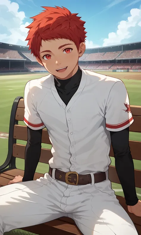 score_9, score_8_up, score_7_up, masterpiece, best quality, lots of details, close-up, ((1boy)), Toshu, solo, slim, red eyes, mouth open, light smile, male focus, sitting, on bench, looking at viewer, white pants, white shirt, belt, black sleeves, shaded, detailed shading, detailed skin, shaded skin, realistic shading, Expressiveh, countershading:1.1, baseball field, outdoors, <lora:add-detail-xl:0.7>, <lora:Smooth Anime 2 Style SDXL_LoRA_Pony Diffusion V6 XL:0.8>, <lora:Expressive_H:0.7>, <lora:Toshu_XL_V10_OPT:0.9>