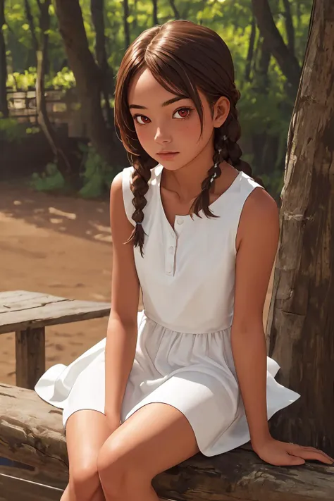 masterpiece, highres, best quality, 1girl, solo, cowboy shot, sitting, outdoors, 4s4hina, brown hair, white dress, bare shoulders, tanned skin, front angle, from the front, red eyes,  <lora:asahina-04:1>