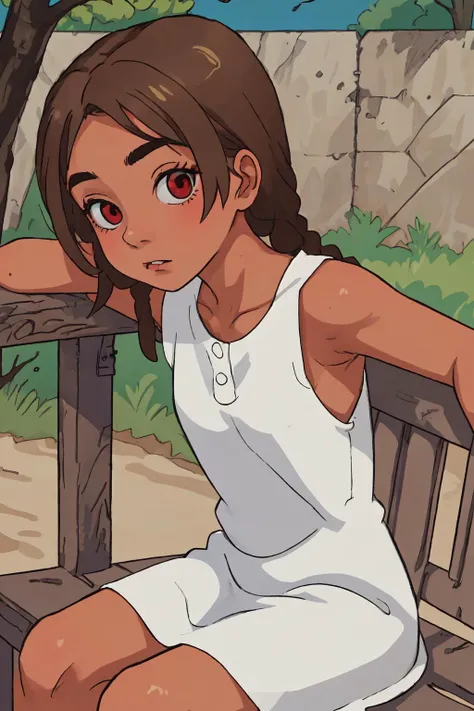 masterpiece, highres, best quality, 1girl, solo, sitting, outdoors, cowboy shot, 4s4hina, brown hair, white dress, bare shoulders, tanned skin, front angle, from the front, red eyes, <lora:asahina-04:1>