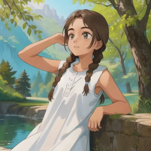 (official style, official-style-accurate, official-cartoon-style, cartoon-style-accurate), <lora:asahina:1>, 4s4hina, white dress, bare arms, brown hair, tan, ((enjoying solo alone time in nature))