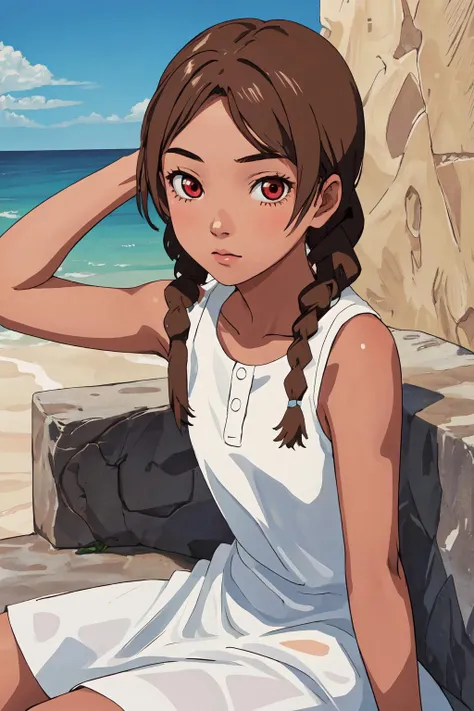 masterpiece, highres, best quality, 1girl, solo, cowboy shot, sitting, outdoors, 4s4hina, brown hair, white dress, bare shoulders, tanned skin, front angle, from the front, red eyes, <lora:asahina-04:1>