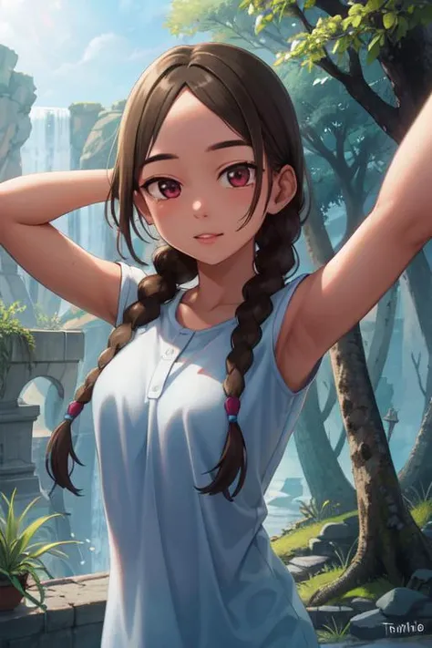 score_9, score_8_up, score_7_up
solo, 1girl, brown eyes, brown hair, ponytail, cowboy shot, white crop top, black cargo shorts, smile, waving, looking at viewer, waterfall in a rocky area