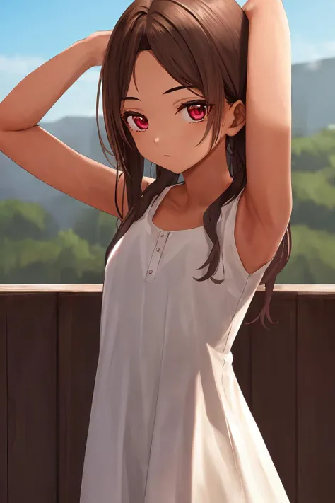masterpiece, highres, best quality, 1girl, solo, outdoors, cowboy shot, 4s4hina, brown hair, white dress, bare shoulders, tanned skin, red eyes, <lora:asahina-04:1>