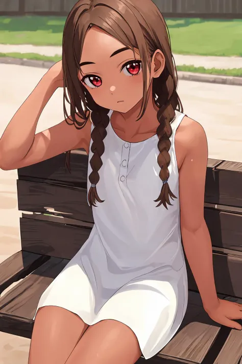 masterpiece, highres, best quality, 1girl, solo, sitting, outdoors, cowboy shot, 4s4hina, brown hair, white dress, bare shoulders, tanned skin, red eyes, <lora:asahina-04:1>