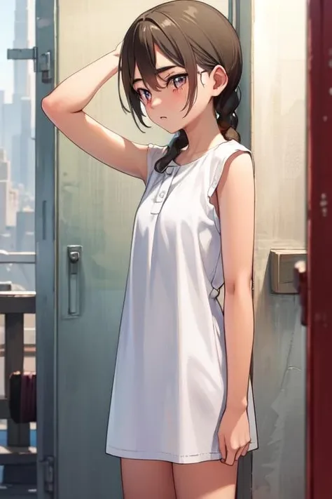 (((((( <lora:4s4hina, white dress, bare arms, brown hair, tanned skin (from abenobashi):1>))))))