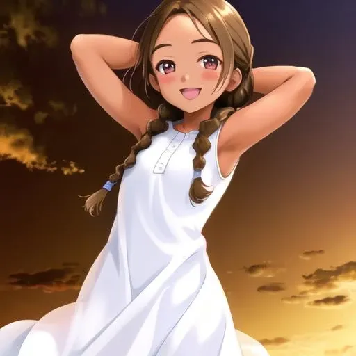 high quality, best quality, masterpiece, 4s4hina, <lora:asahina-04:1>,  white dress, brown hair, bare arms, braids, blushing, smile, tan