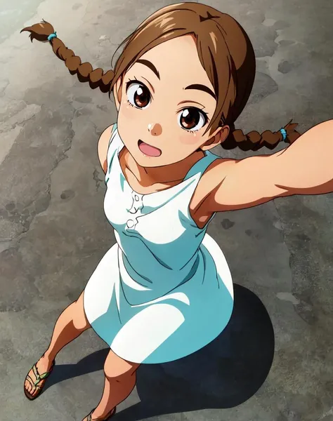 4s4hina, small breasts, wearing a white dress, cute face, brown eyes, detailed eyes, full body, dynamic angle, brown hair, bare arms, twintails, braids <lora:asahina:1>