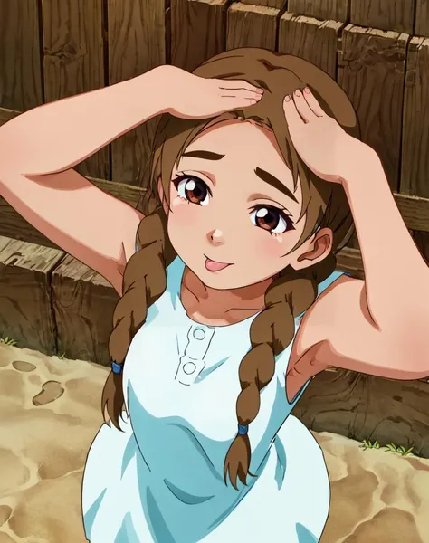 4s4hina, small breasts, wearing a white dress, cute face, brown eyes, detailed eyes, full body, dynamic angle, brown hair, bare arms, twintails, braids <lora:asahina:1> ahetobleh, from above, hands on own head, <lora:ahetobleh-nvwls-v2:1>