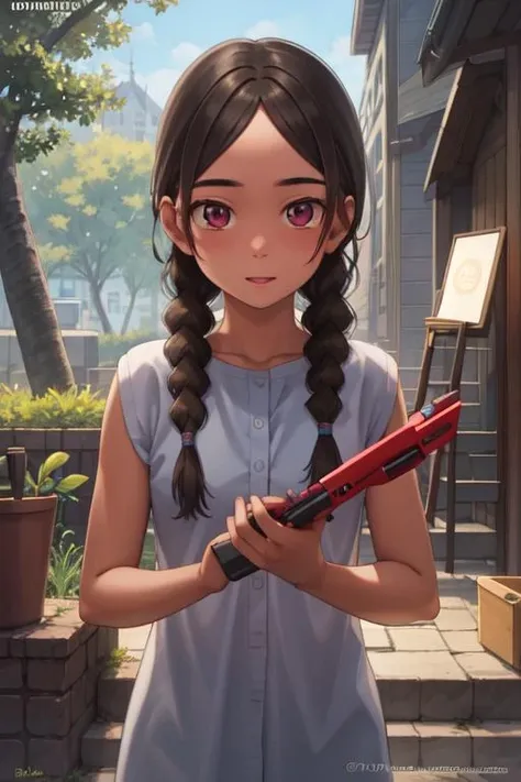 A woman holding a red knife in her hand in front of a building - SeaArt AI