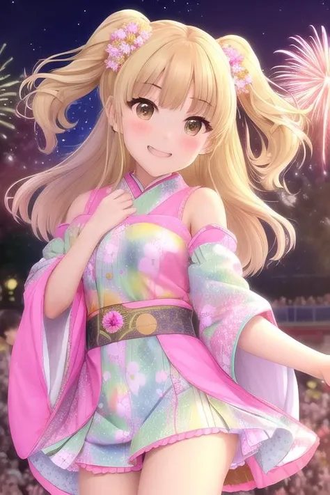 (/RIKA JOUGASAKI/), 1girl, solo, long hair, smile, open mouth, blonde hair, hair ornament, green eyes, flower, detached sleeves, japanese clothes, hair flower, two side up, fireworks <lora:RIKA_JOUGASAKI_v3:0.8>