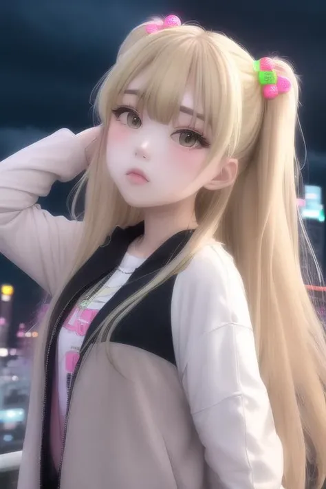 (/RIKA JOUGASAKI/), 1girl, solo, long hair, blonde hair, hair ornament, green eyes, two side up, moody sky, neon light, atmospheric light, skyscraper ,city <lora:RIKA_JOUGASAKI_v4:0.75>