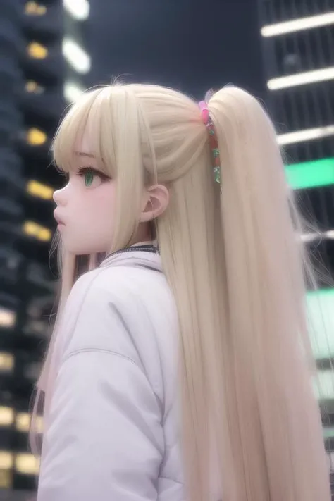 (/RIKA JOUGASAKI/), 1girl, solo, long hair, blonde hair, hair ornament, green eyes, two side up, moody sky, neon light, atmospheric light, skyscraper ,city, raw <lora:RIKA_JOUGASAKI_v4:0.85>