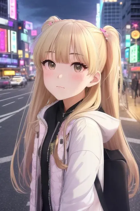 (/RIKA JOUGASAKI/), 1girl, solo, long hair, blonde hair, hair ornament, green eyes, two side up, moody sky, neon light, atmospheric light, skyscraper ,city street<lora:RIKA_JOUGASAKI_v3:1>