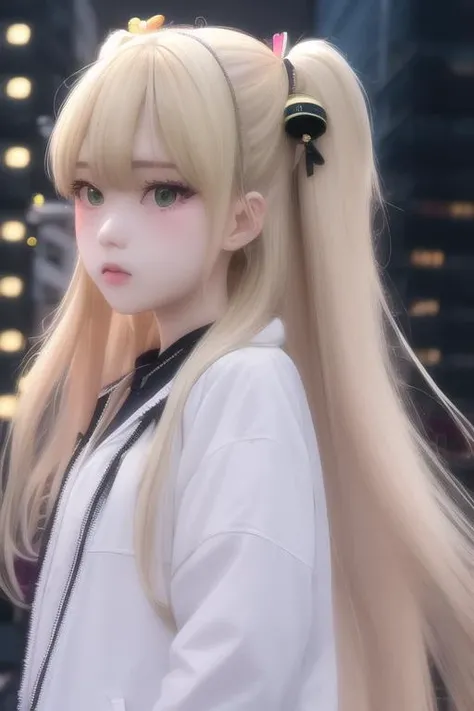 (/RIKA JOUGASAKI/), 1girl, solo, long hair, blonde hair, hair ornament, green eyes, two side up, moody sky, neon light, atmospheric light, skyscraper ,city, raw <lora:RIKA_JOUGASAKI_v4:0.85>