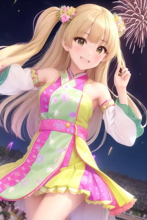 (/RIKA JOUGASAKI/), 1girl, solo, long hair, smile, open mouth, blonde hair, hair ornament, green eyes, flower, detached sleeves, japanese clothes, hair flower, two side up, fireworks <lora:RIKA_JOUGASAKI_v3:0.8>
