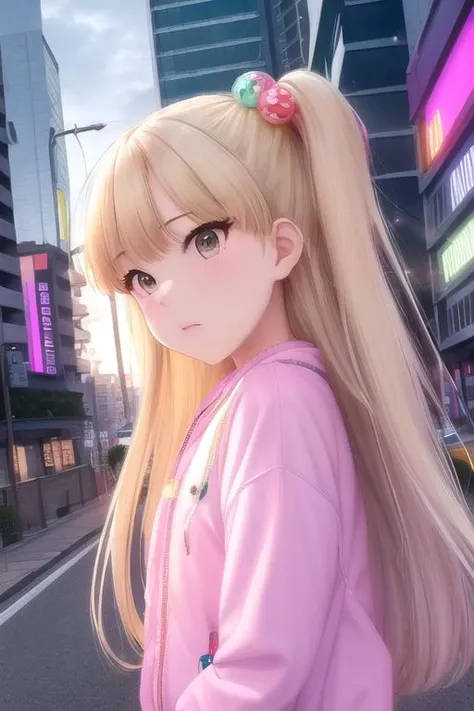 (/RIKA JOUGASAKI/), 1girl, solo, long hair, blonde hair, hair ornament, green eyes, two side up, moody sky, neon light, atmospheric light, skyscraper ,city street<lora:RIKA_JOUGASAKI_v3:1>