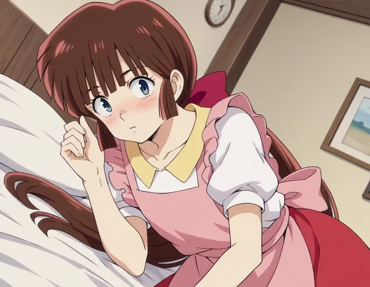 score_9, score_8_up, score_7_up, source_anime,
uruseinagisa, <lora:urusei-nagisa-s2-ponyxl-lora-nochekaiser:1>,
nagisa, long hair, bangs, brown hair, bow, ponytail, hair bow, blue eyes, otoko no ko,
short sleeves, apron, puffy sleeves, skirt, red skirt, shirt, white shirt, collarbone,
indoors, bed, bed room, on side, blush, drunk,
looking at viewer, solo, cowboy shot, dutch angle,