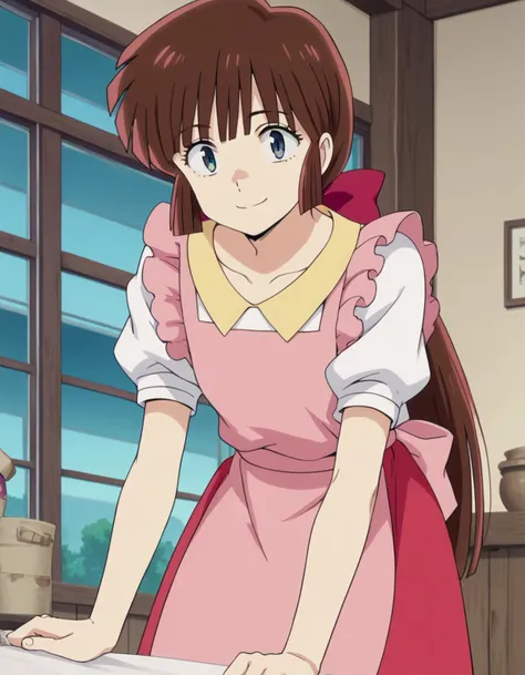 score_9, score_8_up, score_7_up, source_anime,
uruseinagisa, <lora:urusei-nagisa-s2-ponyxl-lora-nochekaiser:1>,
nagisa, long hair, bangs, brown hair, bow, ponytail, hair bow, blue eyes, otoko no ko,
short sleeves, apron, puffy sleeves, skirt, red skirt, shirt, white shirt, collarbone,
indoors, bent over, smile,
looking at viewer, solo, cowboy shot, dutch angle,
